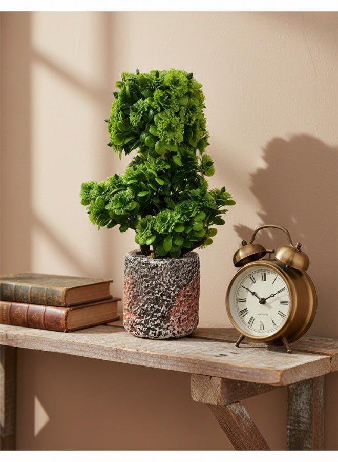 شجيرة بونساي صناعية خضراء كثيفة بتصميم شجري متدرج تحاكي فن البونساي الياباني مع أوراق خضراء داكنة وفاتحة واقعية داخل أصيص حجري صخري ريفي دائري بلمسة فخار معتق و حصى طبيعي للديكور الداخلي للمنازل والمكاتب وغرف المعيشة والاستقبال بدون ري أو صيانة - Image 2